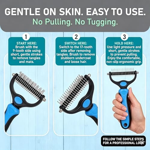 Pet Double Sided Dematting Undercoat Rake with Extra Stainless Steel Comb, Professional Grooming Brush for Thick Double Coated Dogs & Heavy Shedding Cats, Reduces Loose Pet Fur, 6.7 x 3.9 Inches(Red)