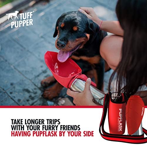 Tuff Pupper PupFlask Insulated Neoprene Dog Water Bottle Holder Sling with Wide Adjustable Shoulder Strap, Great for Travel, Walking, Hiking, Portable Pet Water Bottle Holder (27 OZ, Crimson Red)