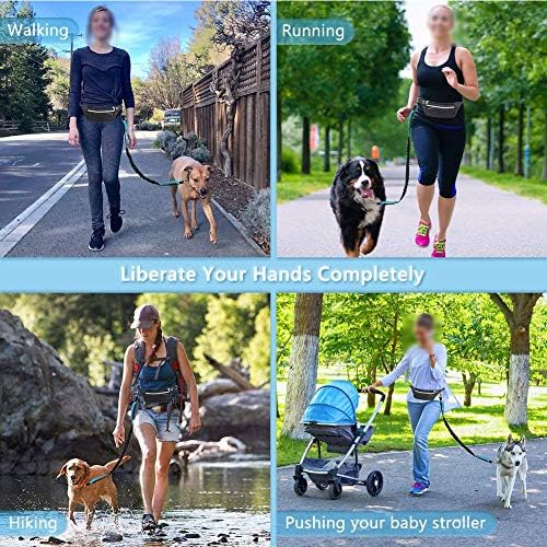 Hands Free Dog Leash for Running Walking Training Hiking,Retractable Bungee Dog Running Waist Leash Shock Harness for Medium to Large Dogs,Reflective Stitches,Adjustable Waist Belt, Dual Handle