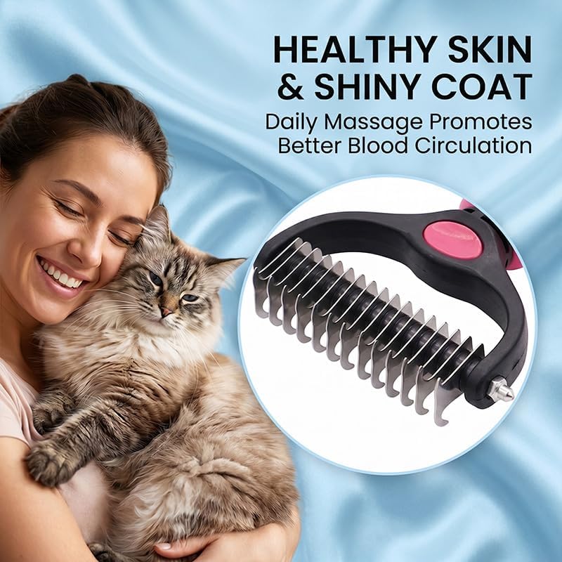 Pet Grooming Tool, Double Sided Deshedding Brush Dematting Rake, Stainless Steel Grooming Comb for Dogs & Cats, Undercoat Rake for Removing Loose Fur, Tangles and Knots (Pink-L, 2 Pack)