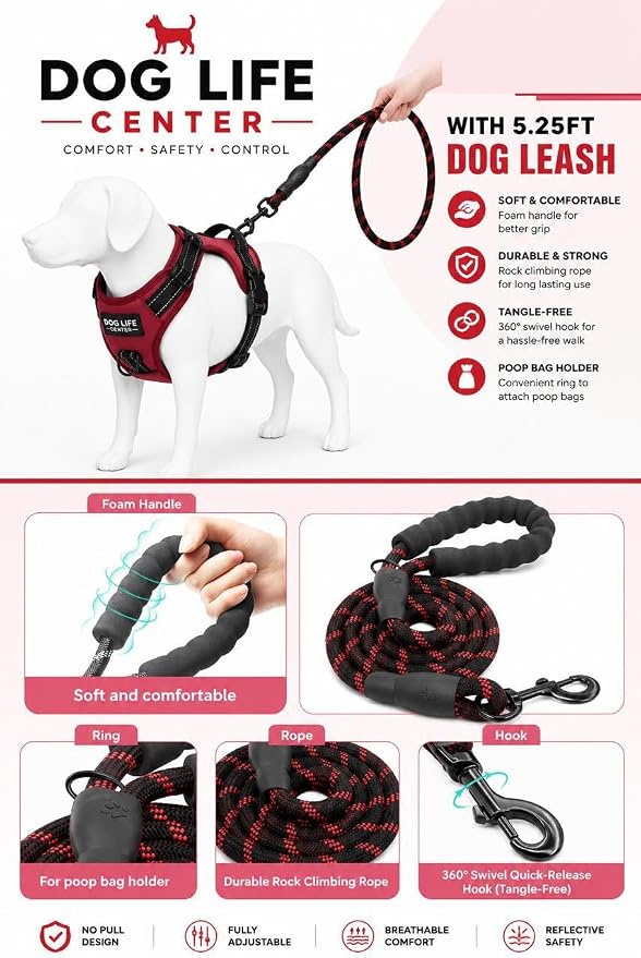 No Pull Dog Harness with Leash for Medium Dogs, Adjustable Reflective Soft Padded Vest, Breathable Easy Walk Training Pet Harness
