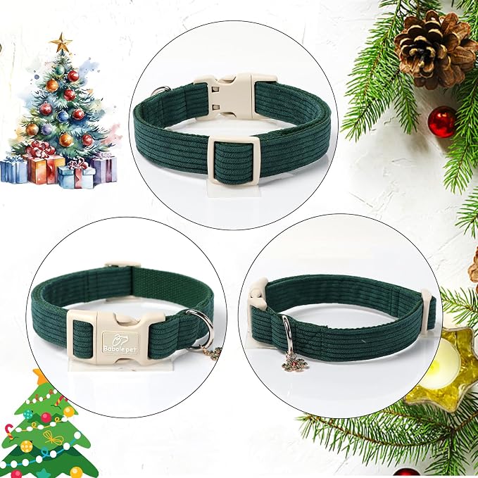 Cute Corduroy Dog Collar - Forest Green Adjustable Dog Collars for Small Dogs 10-25lbs, Fade-Proof with Secure Snap & Little Charm, Christmas Birthday Gift, S