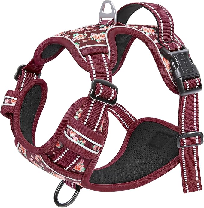 HEELE Large Dog Harness, Reflective, No Pull No Choke, Flower Burgundy, L