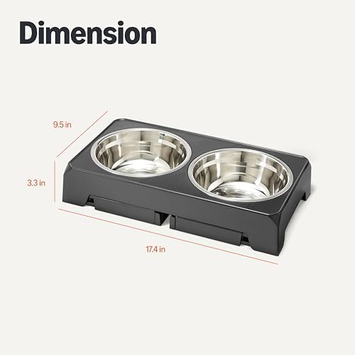 Amazon Basics Elevated Dog Bowls Stand, 5 Height Adjustable Foldable Raised Pet Feeder with Stainless Steel Bowls, Non-Slip Base, 17.3 x 9.4 x 12 in, Black