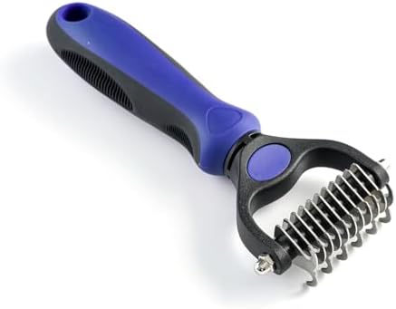 WePet Grooming Rake for Dogs & Cats, Double-Sided Deshedding Brush, Extra-Wide Dematting Tool, Slicker Comb for Undercoat & Loose Hair Removal, Reduces Shedding by 95%, Blue, Small