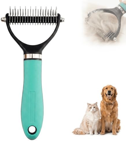 Pet Shedding Brush, Double-Sided Deshedding Grooming Tool with Undercoat Rake & Dematting Comb for Long Haired Dogs and Cats, Removes Loose Fur, Tangles & Matted Hair
