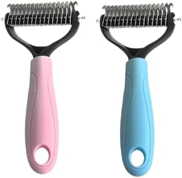 Deshedding Dog Brush for Shedding – Double-Sided Undercoat Rake for Long Hair Dogs & Cats, Professional Pet Grooming Comb Tool for Thinning Matted Fur, Blue (pink+blue)