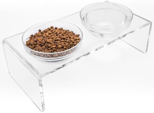Acrylic Elevated Dog Cat Bowls Pet Feeder Double Bowl Raised Stand Comes with 2 Removable Glass Bowls and 2 Stainless Steel Bowls.Perfect for Large Dogs, 7.2" Tall