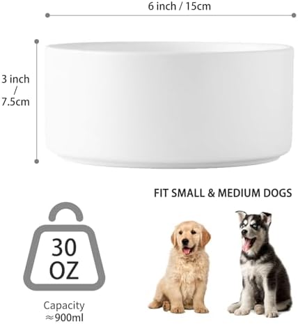 6'' Ceramic Dog Bowl - 30Oz Classic Dogs Food & Water Bowl for Small and Medium Breed Dogs, Heavy Duty Non-Slip Dog Dishes, Food Grade Stoneware Pet Bowl, Dishwasher & Microwave Safe, White
