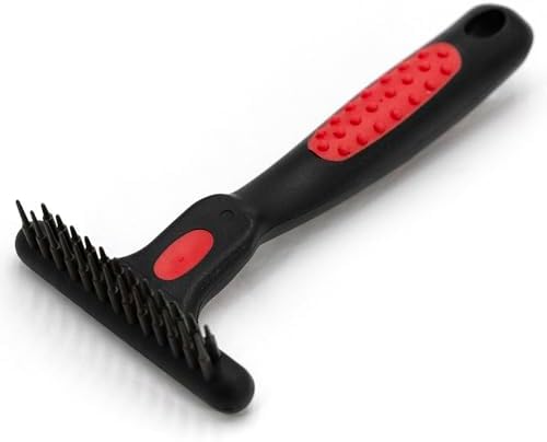 Jeffers Pet Non-Slip Undercoat Rake, 13 short pins – Double Row Stainless Steel Pins, Safe Grooming Tool for Dogs & Cats, Removes Loose Hair & Tangles, Shedding Brush, Home Use, Red & Black
