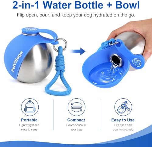 2-in-1 Dog Water Bottle with Foldable Bowl, Portable Leak-Proof Pet Travel Water Dispenser, Stainless Steel Dog Hydration Bottle for Walking, Hiking, Small Dogs & Puppies, Blue 10oz