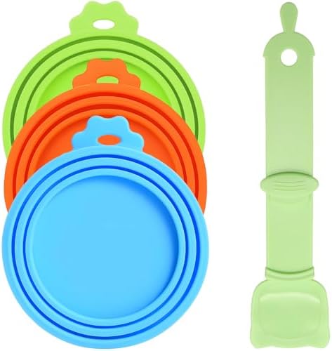 Universal Pet Food Can Lids - 3 Pcs, Squeezable Cat Treat Feeder & Spoon, Green/Blue/Orange Lids, Green Feeder