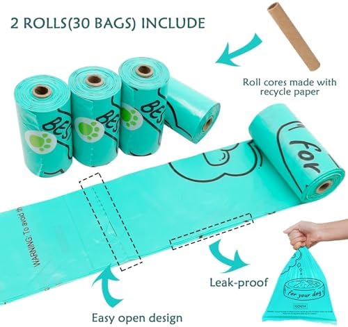 Dog Poop Pickup Bags Holder Dispenser with Standard-Sized Leak-Proof Scented Doggy Waste Bags and Carabiner with Safety Lock&Fastener Never Loose on Leash Lead Again (2 Holders 30 Bags, Clear)