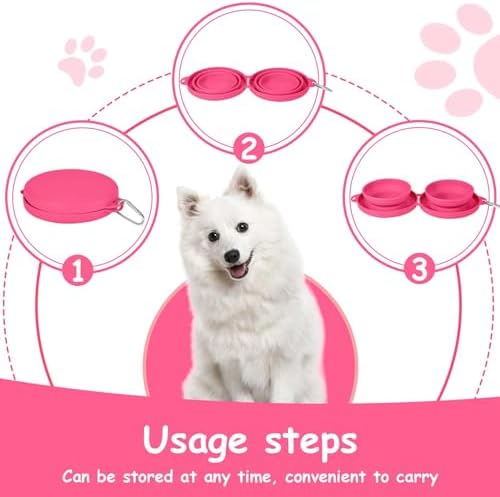 Collapsible Dog Water Bowl 2 in 1 Foldable Pet Food and Water Bowl Portable Cats Dishes with Carabiner Clip for Traveling Hiking Camping Walking (Pink)