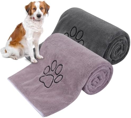 KinHwa Dog Towels Super Absorbent Microfiber for Small, Medium Dog Drying Towel for Drying Dogs Soft Pet Bath Towels and Cats with Embroidered Paw Pure+Grey 20inchx36inch