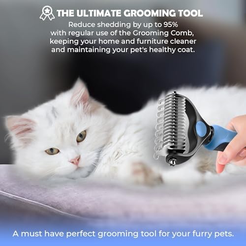 Undercoat Rake for Dogs & Cats, Dematting Comb with Extra Wide Double-Sided Stainless Steel Teeth for Detangling, Deshedding, Brushing, Thinning & Removing Shed Fur, Knots, Mats, and Tangles in Pets