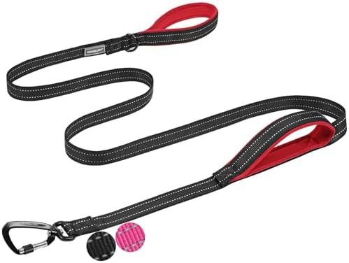 VIVAGLORY Double Handle Dog Leash Twingrip, 5ft x 1in, Black-Carabiner