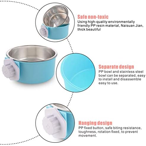 Crate Dog Bowl, Water Food Bowls for Dog Kennel Cage, Removable Stainless Steel Hanging Pet Bowl for Dogs, Cats, Puppies (Small, Grass Blue)