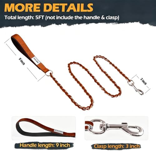 Chain Dog Leash, Bite-Proof Metal Leash, with Padded Handle