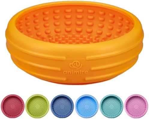 Dog Lick Bowl, Animire Freeze Lick Mat for Dogs, Non-Slip Slow Feeder Licking Bowl Enrichment Treat for Distraction Anxiety Relief, Food Grade Silicone, Dishwasher Safe(Orange,L)