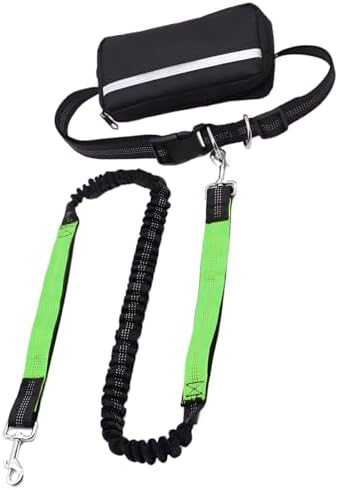 Hands-Free Dog Leash with Waist Pack, Shock-Absorbing Bungee Lead for Two Dogs, Adjustable Belt, Dual Tethers, Reflective Stitching, Green