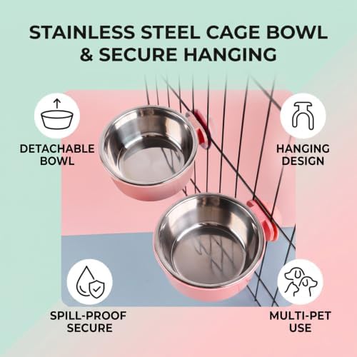 Pet Food Bowl, Hanging Stainless Steel Adjustable Height (Pink)