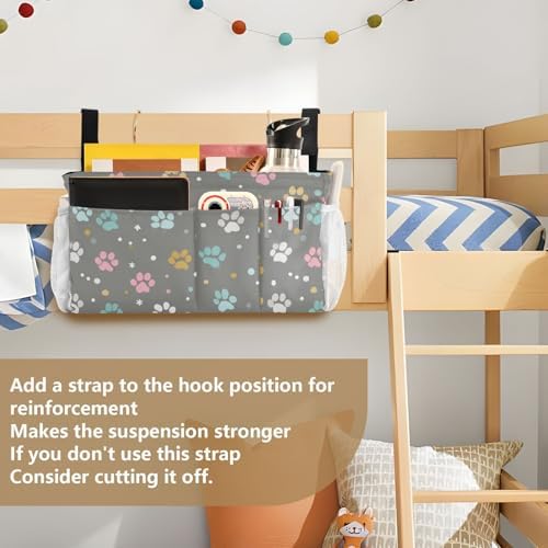 Bedside Caddy Hanging Bunk Bed Caddy Bed Organizer Hanging Pocket with 2 Hooks Bedside Storage Organizer Pocket Bag Holder Paw Print Dots Stars Grey