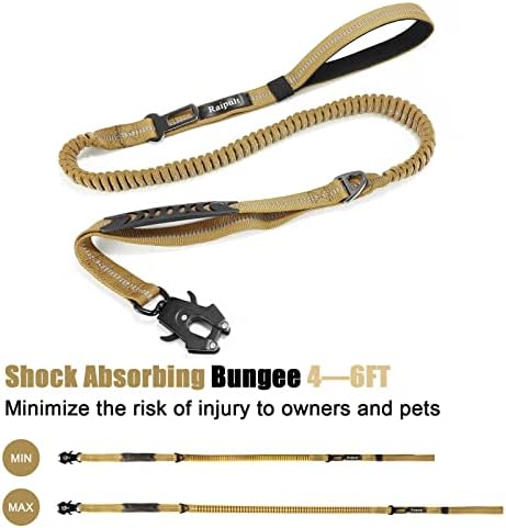 Raipult Tactical Shock Absorbing Bungee Dog Leash Heavy Duty, 4-6ft, Khaki
