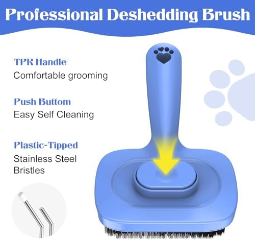 Self Cleaning Dog Brush for Shedding - Bristle Brush and Long/Short Needles Design, Skin Friendly, Slicker Deshedding Dog Brush, Hair Removal for Long & Short Haired Pets (Blue)