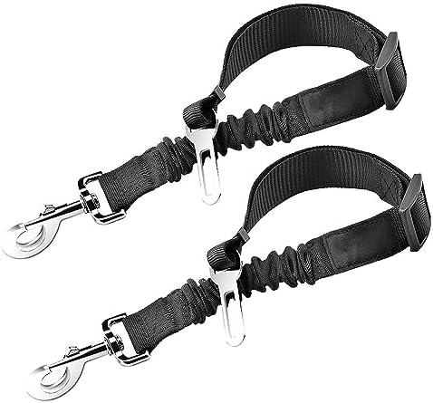 SunGrow Elastic Nylon Dog Seat Belt, 24” - 36”, Adjustable Black Harness, Elastic Tether with Metal Buckles, 2 Pcs per Pack