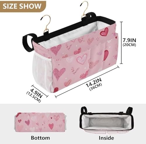 Bedside Caddy Hanging Bunk Bed Caddy Bed Organizer Hanging Pocket with 2 Hooks Bedside Storage Organizer Pocket Bag Holder Heart Pink
