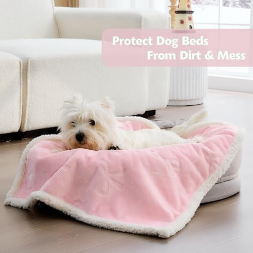 Qeils Pet Blankets for Cats - Waterproof Cat Blanket Washable - Sherpa Fleece Puppy Blanket, Soft Plush Reversible Throw Protector for Bed Couch Car Sofa, 25"X30", Pink Bows