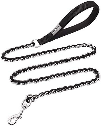 Chain Dog Leash, Bite-Proof Metal Leash, with Padded Handle Black