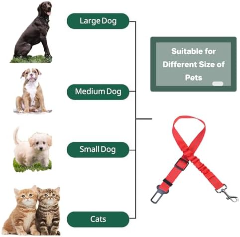 Dog Seat Belt for Car, Adjustable Dog Car Harness, Reflective Dog Seatbelt Leash with Elastic Bungee Buffer, Durable Nylon Pet Safety Dog Seat Belt for All Dog Sizes (Red)