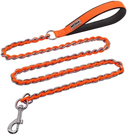 Chain Dog Leash, Bite-Proof Metal Leash, with Padded Handle Orange