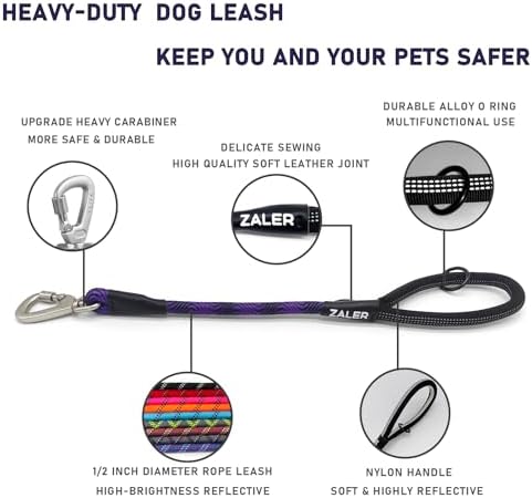 ZALER Short Dog Leash, 26 Inches Rope Traffic Leashes for Dogs, Reflective Dog Lead with O-Ring, Heavy Duty Pet Leash for Large and Medium Dogs (26'' Black Purple)