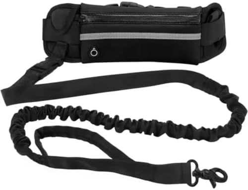 Hands Free Dog Running Leash with Waist Pack, Reflective Strip Elastic Shock Absorbing Walking Belt, Adjustable Waist Strap for Jogging Hiking Walking Medium Small Dogs (Black)