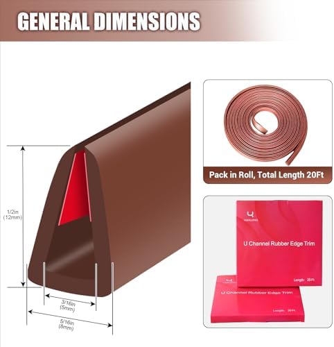 Rubber Edge Trim, Flexible Edge Trim for Sharp Edge, 3/16" U Channel Edge Protector, Self Adhesive Edge Guards for Plywood, Glass, Flexi-Glass and Mirror, 20Ft, Brown Color