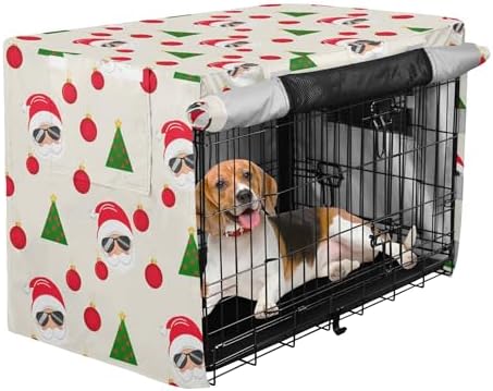 Kigai Santa Claus Tree Dog Crate Cover Oxford Fabric Windproof Waterproof Kennel Cover with Breathable Mesh & Roll-Up Panels, Fit for 54 in Cage, Washable