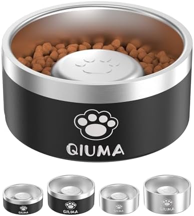 Qiuma Slow Feeder Dog Bowls Stainless Steel, Food-Grade 304 Dog Slow Feeder Bowl 3.5 Cups Capacity, Heavy Duty Double-Layer with Non-Slip Base, Pet Puzzle Bowl for Medium & Large Dogs (Black)