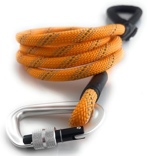Heavy Duty Rope Dog Leash with 1100LB Rated Locking Carabiner – 6FT Climbing-Inspired Reflective Rope Leash for Large & Medium Dogs that Pull – Padded Handle (Orange)