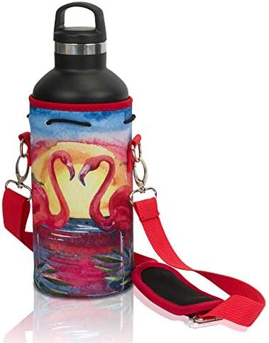 Made Easy Kit Neoprene Water Bottle Carrier Holder with Adjustable Shoulder Strap for Insulating & Carrying Water Container Canteen Flask Available in 5 Sizes (Flamingo, L (32oz / 1.5L))