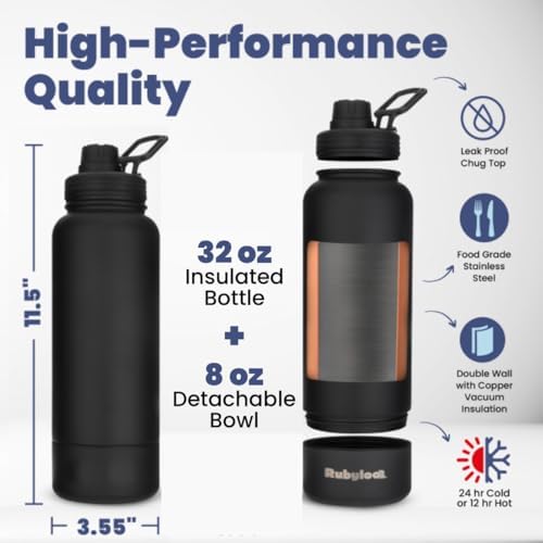 Rubyloo Dog Water Bottle with Detachable Bowl for Dog Lovers, Solid Black