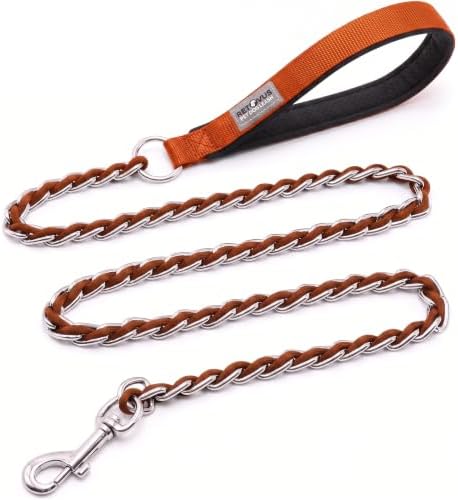 Chain Dog Leash, Bite-Proof Metal Leash, with Padded Handle