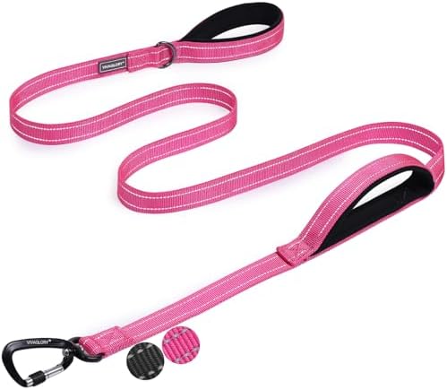 VIVAGLORY Double Handle Dog Leash Twingrip, 6ft x 1in, Pink-Carabiner