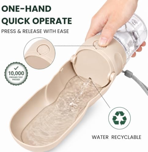 2 in 1 Portable Dog Water Bottle, Leak-Proof Pet Water Dispenser with Food Container, BPA Free Travel Dog Water Bottle with Filter, Hygienic Flip Cover Drinking Feeder for Walking Outdoor (Khaki)