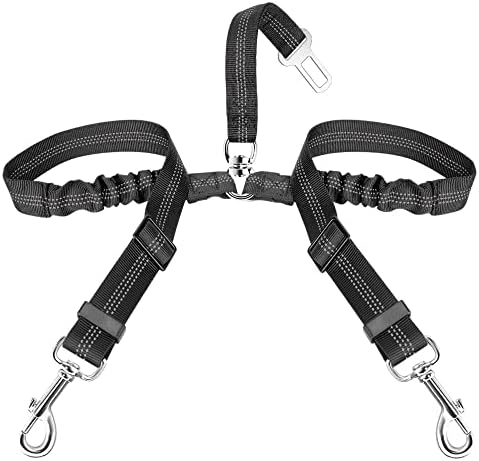 SlowTon Double Dog Seat Belt for Car with Elastic Bungee Buffer, Adjustable