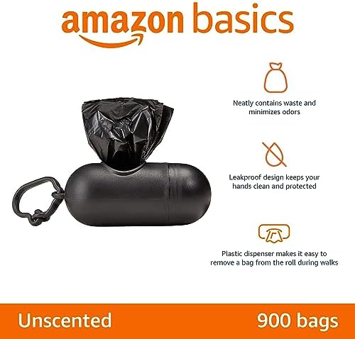 Amazon Basics Dog Poop Leak Proof Bags with Dispenser and Leash Clip, Unscented, 13" x 9", (60 Rolls), 900 Count (Pack of 6)