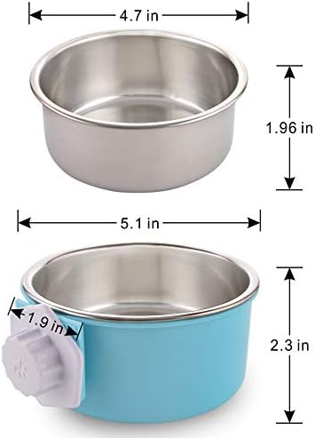 Crate Dog Bowl, Water Food Bowls for Dog Kennel Cage, Removable Stainless Steel Hanging Pet Bowl for Dogs, Cats, Puppies (Small, Grass Blue)