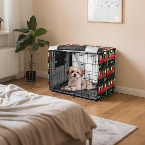 Kigai Christmas Train Dog Crate Cover Oxford Fabric Windproof Waterproof Kennel Cover with Breathable Mesh & Roll-Up Panels, Fit for 41 in Cage, Washable
